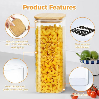 Glass Food Storage Jars with Bamboo Lids Square, Includes 1 Set of 74oz, 2 Set of 41oz & 27oz Storage Kitchen Canisters Pantry For Cookies Cereal Nuts Coffee Beans (Set of 5)