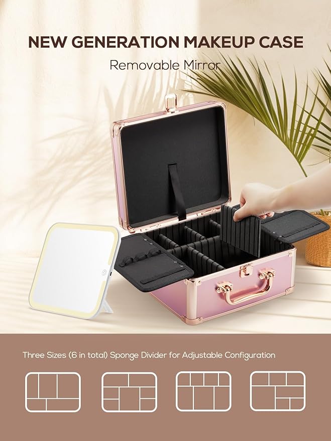 OMIRO Makeup Case, Makeup Bag with Light Up Mirror Set, Makeup Organizer Bag with Magnet Makeup Mirror for Women and Girls