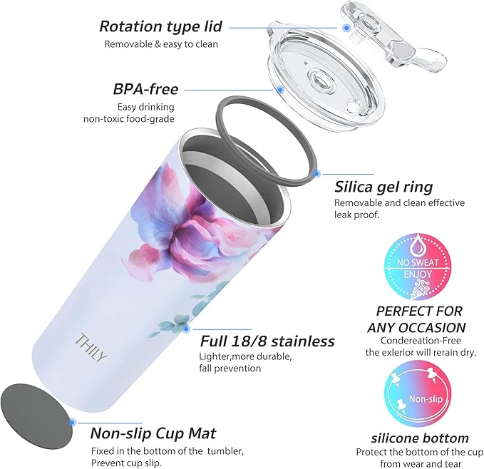 THILY Stainless Steel Vacuum Insulated Tumbler 26 oz Triple-Insulated Travel Mug with Splash-Proof Lid, for Iced Coffee and Hot Beverage, Pink Lilies + Lotus Flower