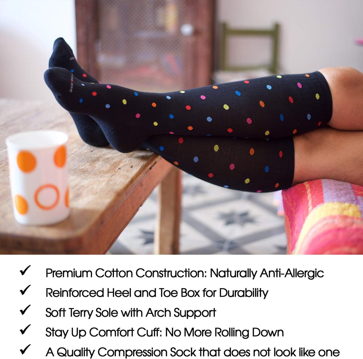 Cotton Compression Socks for Women & Men. 15-20 mmHg Support Knee-High Black Stripes X/W