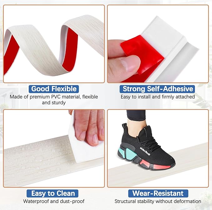 Vinyl Door Threshold Flooring Transition Strip Self Adhesive Carpet Edging Strip for Laminate Doorway Edge Threshold from 3/5" to 4/5" (Beige Wood Grain, 6.6 Ft)