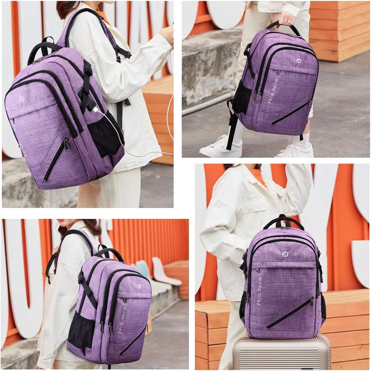 FENGDONG Large Laptop Backpack 17.3 inch Durable Waterproof Travel College Backpack Bookbag for Men & Women Business Backpack with USB Charging Port and Headset Port Light Purple