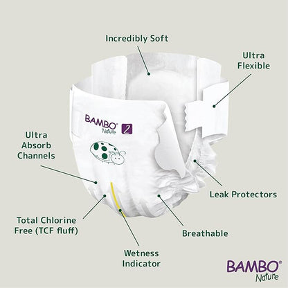 Bambo Nature Hypoallergenic Baby Diapers, Eco-Labeled Diapers, Enhanced Leakage Protection, Totally Chlorine-Free, Skin Friendly, and Super Absorbent - Size 2 (180 Count)