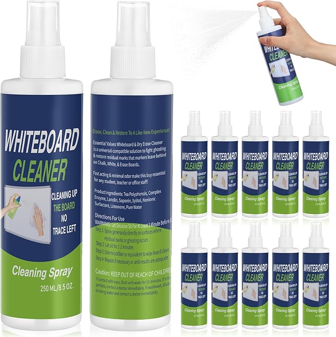 12 Pack Whiteboard Cleaner Spray Bottle 8.5oz Dry Erase Board Surface Cleaner White Board Cleaning Spray Removes Stubborn Marks from Chalkboard