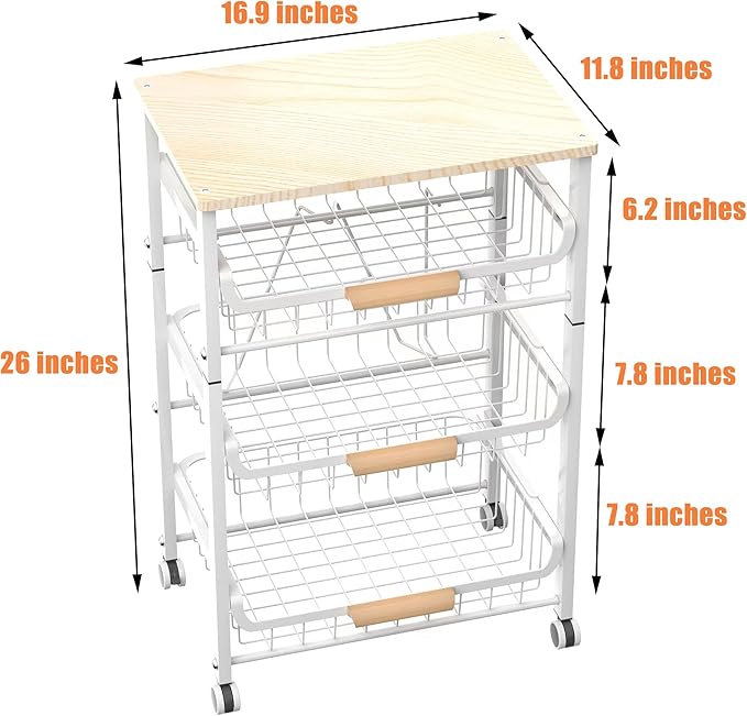4-Layer Fruit Basket Kitchen Food Storage Organizer and Storage Rack, Stackable Storage cart with Desktop, Pull-Out Hollow Metal Storage Basket, liding Out Storage,White