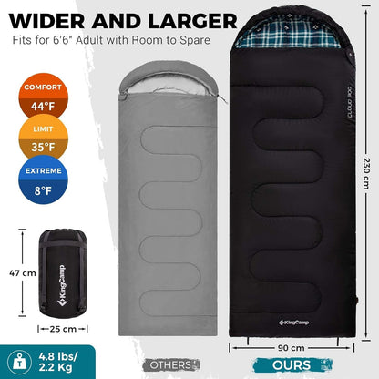 KingCamp Sleeping Bag for Adults, Cold Weather & Warm XL Big and Tall Flannel Sleeping Bags with Compression Sack Portable Waterproof Essentials Gear Accessories for Outdoor Camping