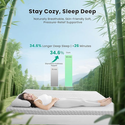 Bamboo Mattress Topper Queen Size 2 Inch, Cooling Gel & Bamboo Charcoal Memory Foam Mattress Topper for Back Pain Relief, Firm Dual-Layer Foam Bed Pad with Removable Cover