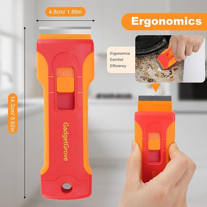 Upgraded Razor Blade Scraper with 10pcs Blades and 3Pcs small wire brushes,Scraper Tool for Cleaning Glass Window, Cooktop, Oven, Stove Scraper, Razor Scraper with Buit-In Blade Storage, Orange