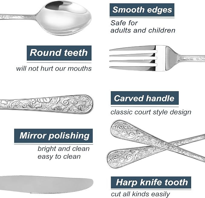 Runfly Vintage Carved Silver Stainless Steel 20-Piece Flatware Set | Silverware