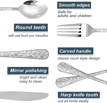 Runfly Vintage Carved Silver Stainless Steel 20-Piece Flatware Set | Silverware