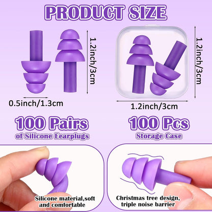 TrelaCo 100 Pairs Ear Plugs Bulk, NRR 29dB Reusable Silicone Ear Plugs with Plastic Cases Soft Foam for Sleeping Noise Cancelling for Concerts Shooting Swimming Noise Reduction(Purple)