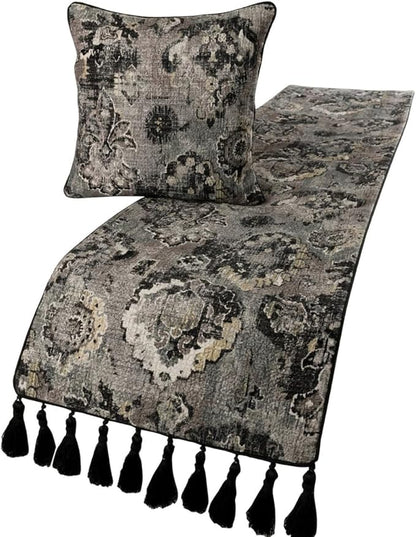 The HomeCentric Decorative Black & Grey CA King 86 x 18 inch Bed Runner with 2 Matching Pillow Cover, Velvet Damask with Tassels Bed Scarf, Abstract Modern - Paved Damask