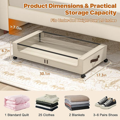 Under Bed Storage with Wheels, 4 Pack Under Bed Storage Containers with Clear Lids, XXL 60L Under-Bed Organizers for Clothes, Shoes – Durable Storage Bins with Smooth Rolling Wheels (White, 4 Pack)