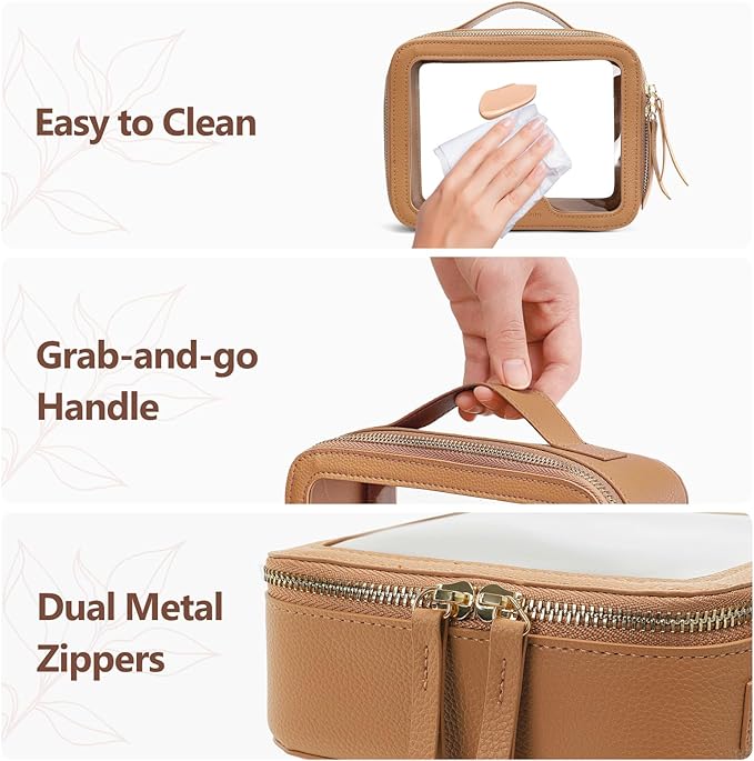 PACKISM Medium Clear Makeup Bag - Pebbled Texture & Hard PU Leather Car Bag for Organizing Car Consoles, with Message Card Clear Cosmetic Makeup Case for Women Gift (Khaki Medium)
