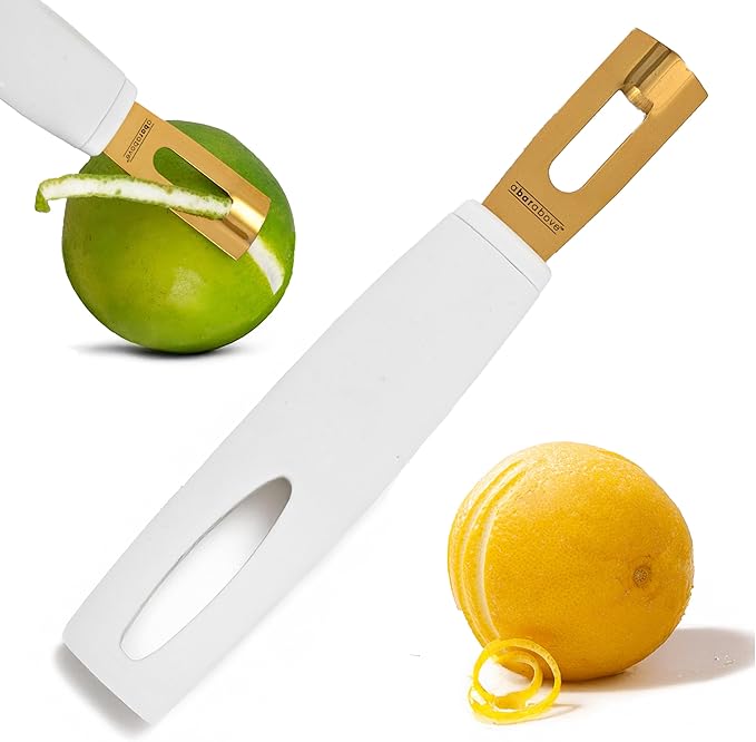 A Bar Above White Handle Gold Blade Channel Knife, Elegant Garnish Tool for Chefs and Bartenders, Citrus Peeler and Lemon Zester for Cocktails, Culinary Dishes, and Home Entertaining