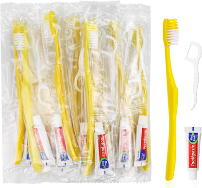 100pcs Disposable Toothbrushes with Toothpaste and Floss,Yellow Bulk Single Use Toothbrush Floss Pick Individually Wrapped Disposable Travel Toothbrushes Kit for Homeless,Airbnb,Hotel,Guest