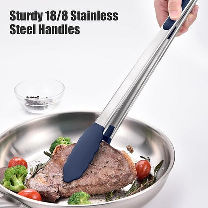 Doosu Kitchen Tongs for Cooking - 600°F Heat Resistant Food Tong with Non-Scratch Silicone Tips, Heavy Duty Stainless Steel Locking Tong for BBQ, Grilling Steak, Serving Salad Pasta (16in, Navy Blue)