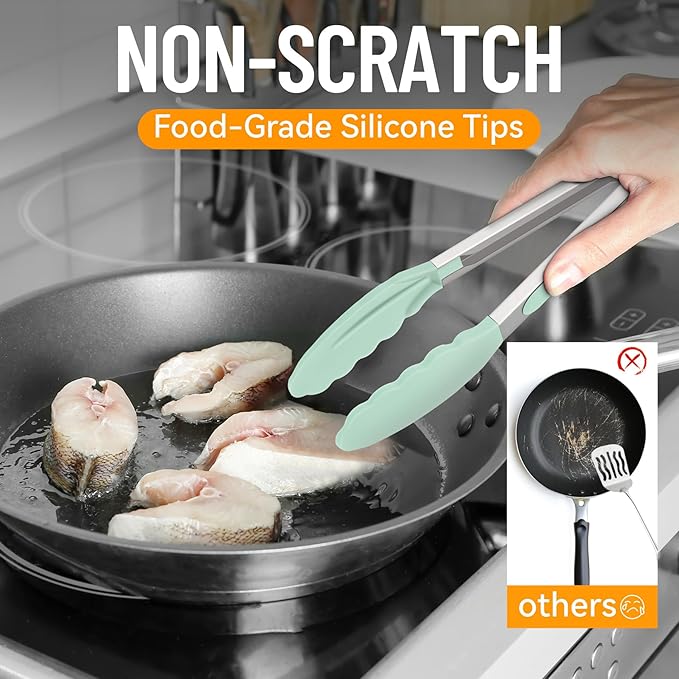 HOTEC Premium 7 & 9 Inch Kitchen Tongs, Stainless Steel Locking Cooking Tongs with Silicone Tips, Non-Scratch & Heat Resistant, Serving Tongs for Salad, BBQ, Light Green, Set of 2