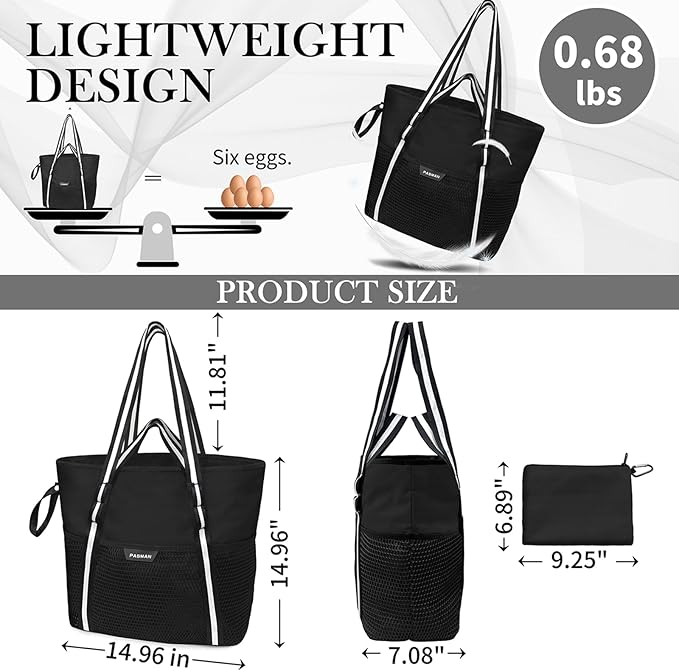 Beach Bag with Zipper - 8 Pockets Sandproof Beach Tote Bag for Women,Foldable Lightweight Family Swim Bag Vacation
