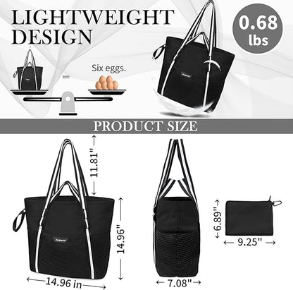 Beach Bag with Zipper - 8 Pockets Sandproof Beach Tote Bag for Women,Foldable Lightweight Family Swim Bag Vacation