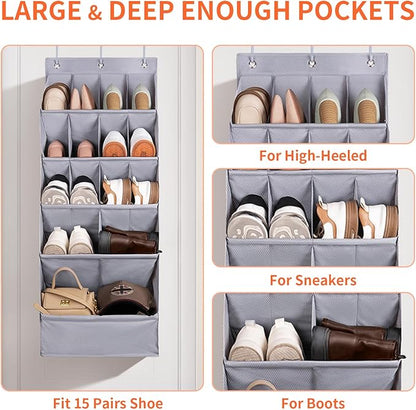 FENTEC 1 Pack Over-the-Door-Shoe-Organizers, Hanging Shoe Organizers with Large Pocket Shoe Holder Hanging Shoe Rack for Closet Shoe Organizer for Wall, Over Door Organizer with 15 Pockets Gray