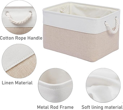 15x11x9.5 Inch Storage Baskets for Shelves,3 Pack Storage Bins，Foldable Organizer Boxes, Decorative Storage Basket for Organizing Clothes, Toys, Books, Foldable Cloth Baskets (White&Beige)