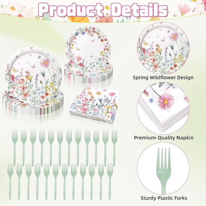 96 Pieces Spring Wildflower Floral Tableware Set – Garden Flower Disposable