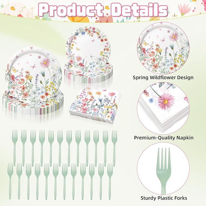 96 Pieces Spring Wildflower Floral Tableware Set – Garden Flower Disposable