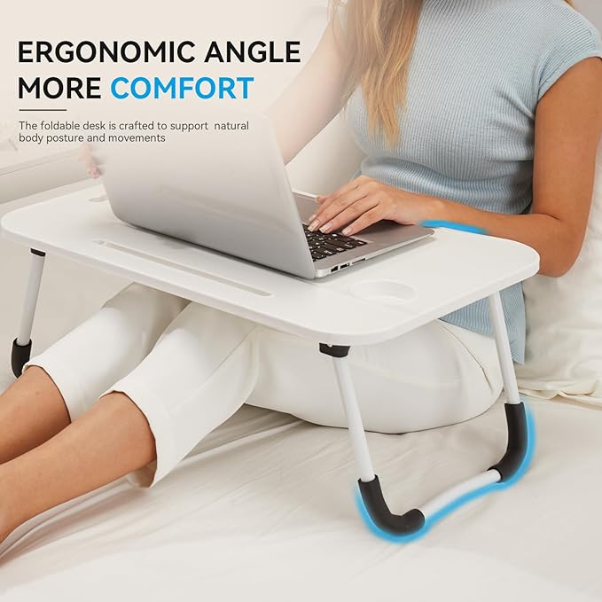 BUYIFY Folding Lap Desk, 23 Inch Portable Wood White Laptop Bed Desk Lap Desk with Cup Holder, for Working Reading Writing, Eating, Watching Movies for Bed Sofa Couch Floor