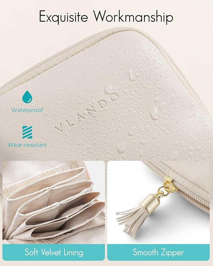 Vlando Small Travel Jewelry Case,Travel Gifts for Women,Jewelry Pouch Bags with Zipper,Velvet Jewelry Organizer Storage Bag for Bracelet Rings Earring-Cream White