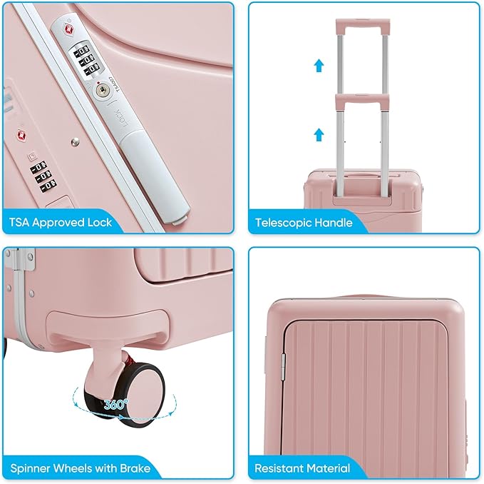 20 Inch Ride on Luggage With Seat For Kids&Adults,with Front Pocket, Foldable Seat Back TSA Approved Lock, 360° Spinner Wheels(20 inch,Pink)
