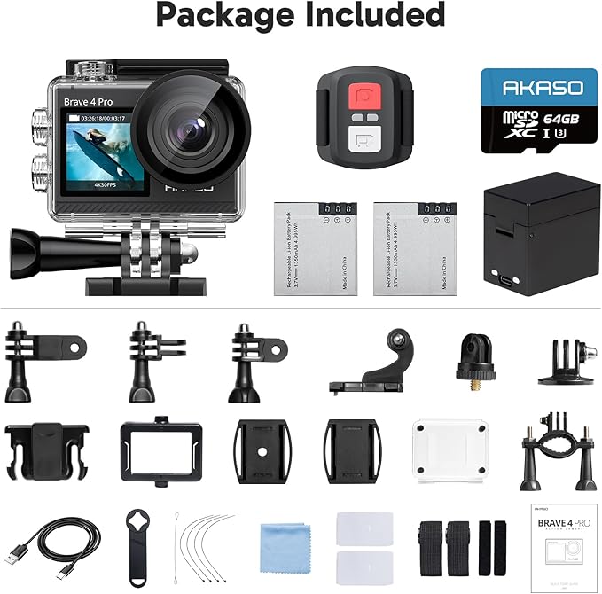AKASO Brave 4 Pro 4K30 Action Camera with 64GB MicroSD U3 Card, 131FT Underwater Waterproof Camera EIS Touch Screen Remote Control with 2x1350mAh Batteries and Helmet Accessories Kit Bundle