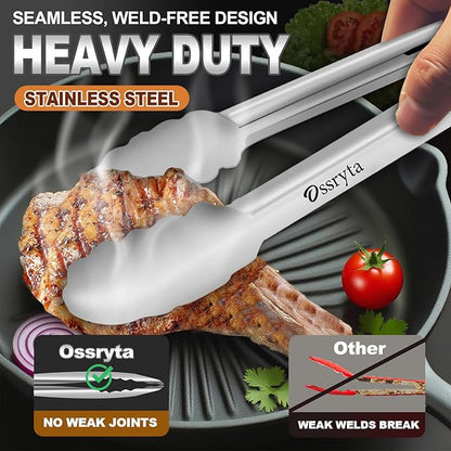 Stainless Steel Cooking Tongs Set of 3 - Heavy Duty 12/9/7 Inch Locking Tongs, Heat Resistant to 600 Degrees, Food Grade Kitchen Metal Tong for Food, Salad, & BBQ - Dishwasher Safe