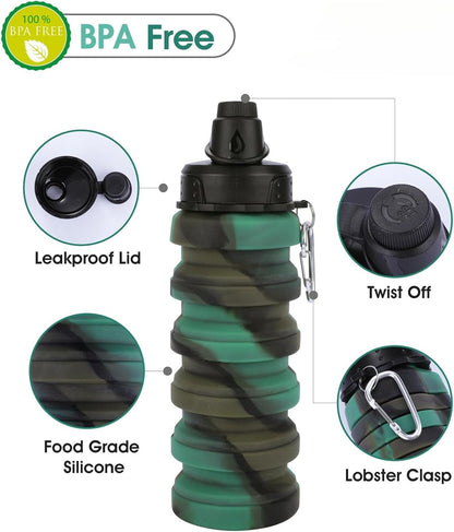 Collapsible Water Bottle for Adults, Boys, Students, Kids, Reusable Silicone Foldable Water Bottles for Travel Camping Hiking, Portable Sports Water Bottle, Camouflage