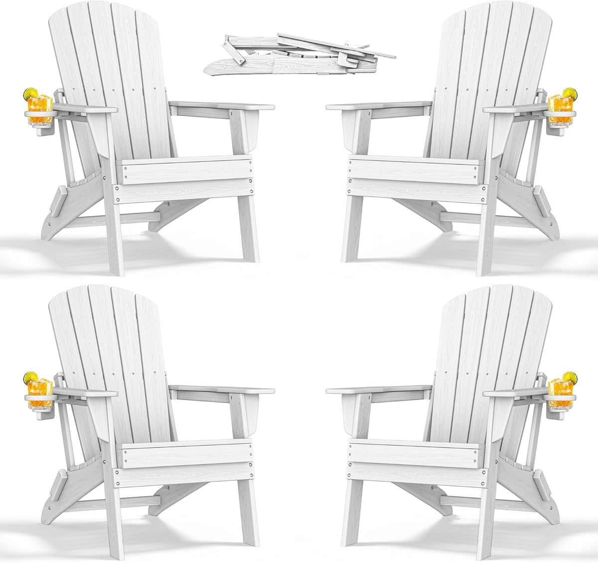Folding Adirondack Chair - Extended Ergonomic Backrest, Cup Holder - Easy Assembly - Durable HDPE Plastic, Weather Resistant & Maintenance-Free - Lawn, Patio, Deck Supports 380lbs White