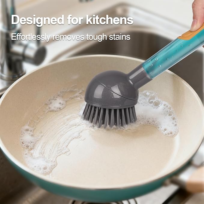 Soap Dispensing Dish Brush Storage Set with 360° Rotating Head, Kitchen Brush with 2 PCS Different Brush Heads & 3 PCS Sponges, Dish Brush Set with Handle for Dishes, Sink, Pans, Pots