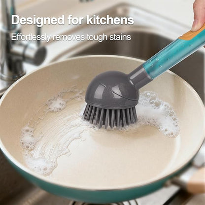 Soap Dispensing Dish Brush Storage Set with 360° Rotating Head, Kitchen Brush with 2 PCS Different Brush Heads & 3 PCS Sponges, Dish Brush Set with Handle for Dishes, Sink, Pans, Pots