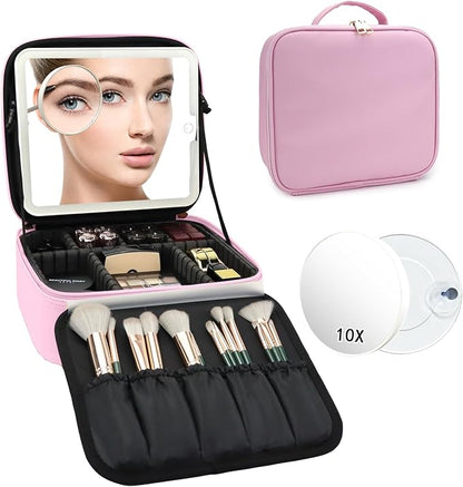 Travel Makeup Bag with LED Mirror and 10x magnifying glass with 3 Lighted Settings, Adjustable Dividers and Makeup Brush Storage Bag Light Pink