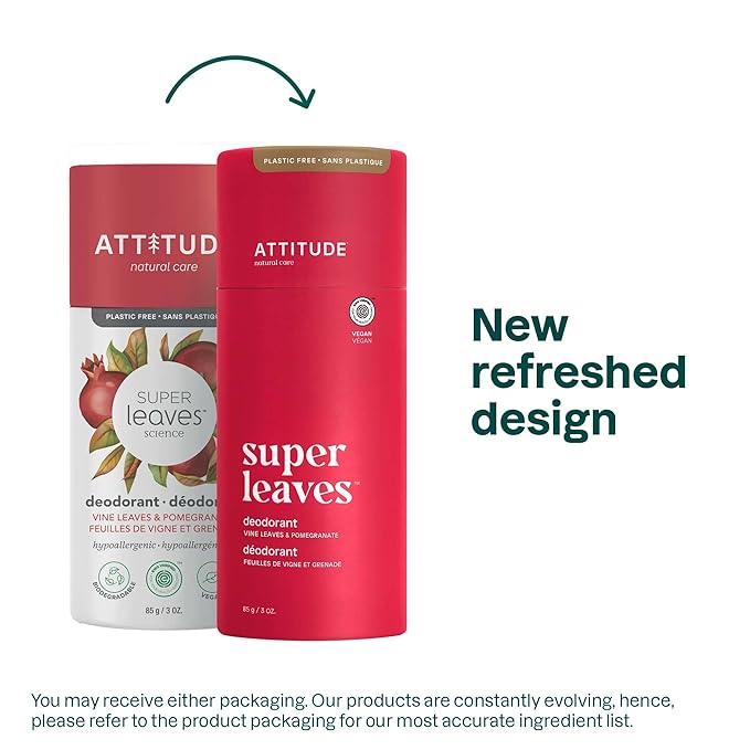 ATTITUDE Plastic-Free Deodorant, EWG Verified, Aluminum Free, Vegan Naturally Sourced Body Deodorants for Women & Men, Dermatologically Tested, Vine Leaves and Pomegranate, 3 Ounces