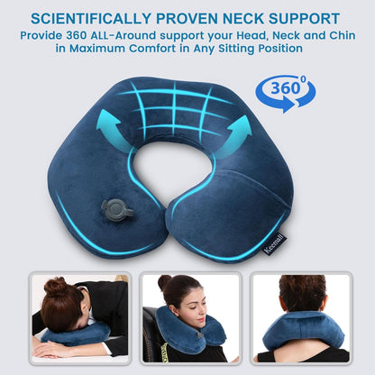 Travel Neck Pillow for Airplane, Compact Inflatable Neck Pillow for Traveling Long Flights, Adjust Firmness Neck Suport Pillow for Sleeping Plane Head Rest for Travel Accessories,Deep Blue