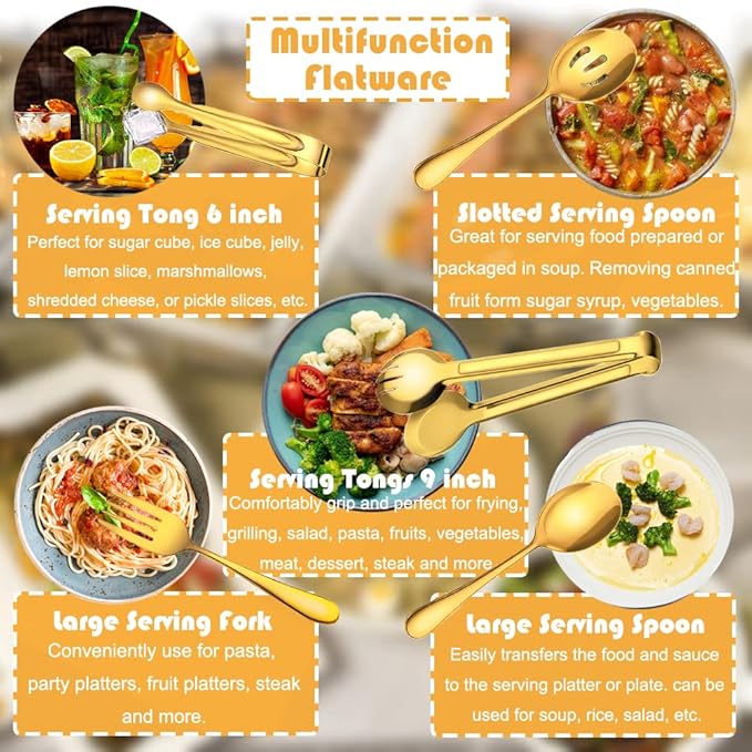 10 PCS Stainless Steel Serving Utensils, Large Serving Spoons Slotted Spoons, Serving Forks, Serving Tongs, Ice Suger Tongs, Metal Utensils Set Great for Buffet Catering Banquet Party (Gold)