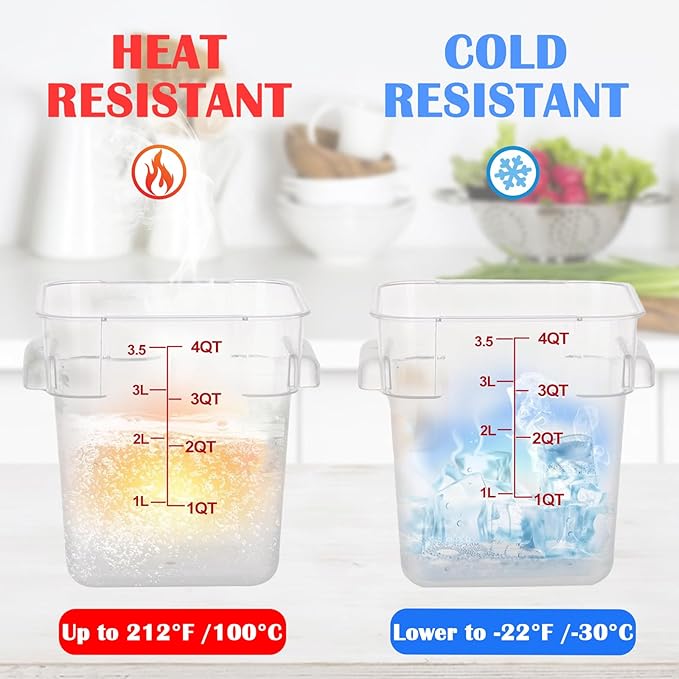 4 Pack 4QT Food Storage Containers with Red Lids, Clear Square Commercial Food Grade Storage Containers with Handles and Scales, BPA-Free Airtight Restaurant Container for Sourdough, Marinating Meat