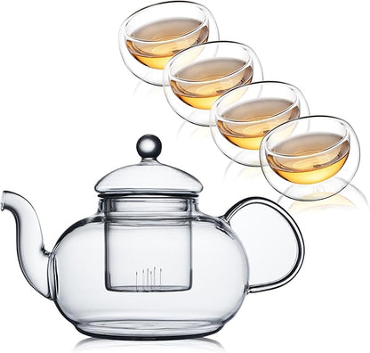 CNGLASS Glass Teapot Set,20oz Clear Tea Pot with 4 Double Wall Teacups,Stovetop Safe Tea Kettle,Blooming Loose Leaf Tea Maker Gift,Microwave Dishwasher Safe