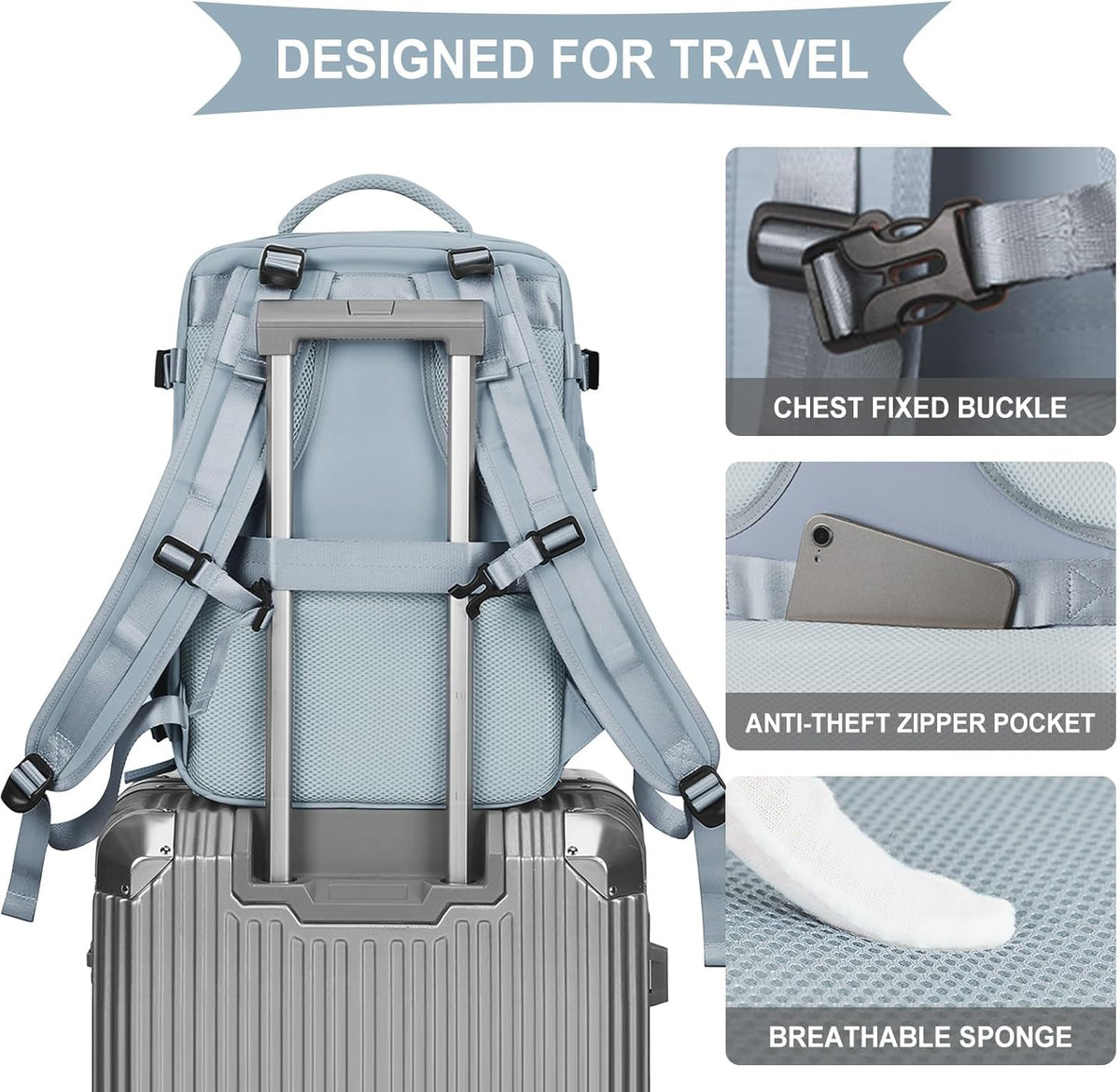 coowoz Travel Backpack For Women Men,Carry On Backpack,Hiking Backpack Waterproof Outdoor Sports Rucksack Casual Daypack travel essentials（Gray Blue）