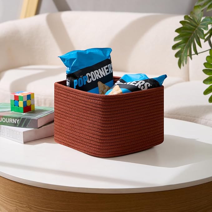 Small Organizing Baskets for Cubes Shelf, 9.7x9.7x7.1 Inch Rope Woven Storage Bins for Nursery Shelves Storage, Cute Toy Basket, Square 3 Packs Oxide Red
