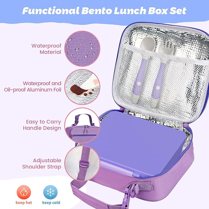 Kids Bento Lunch Box with Thermos, Leakproof Toddler Bento Box with 9 OZ Insulated Food Jar, Lunch Bag & Utensils 3 or 4 Compartment Container for School Girls Boys
