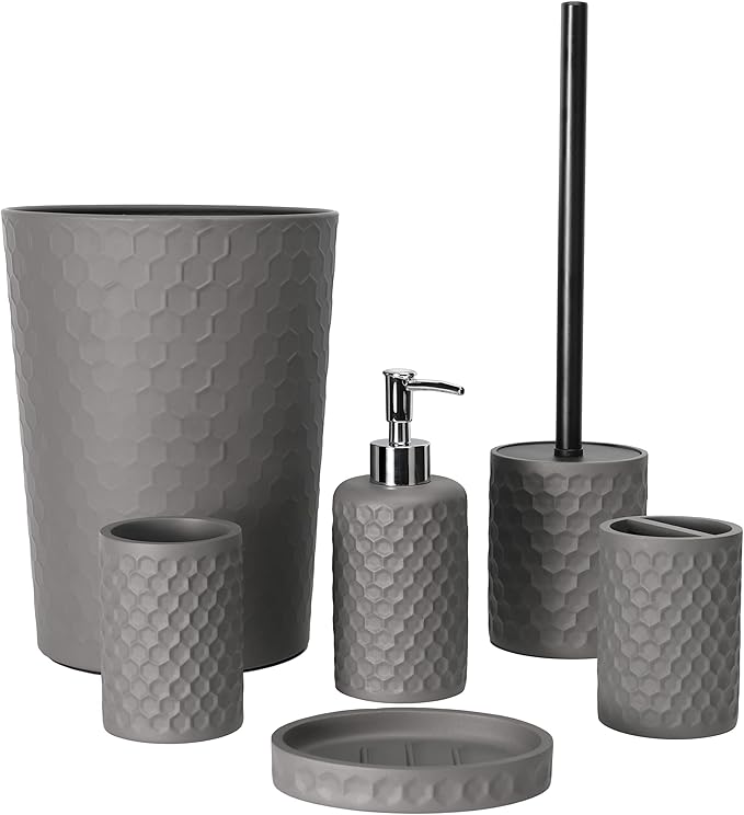 zccz Bathroom Accessory Set, 6 Piece Grey Bathroom Accessories Set with Trash Can, Toothbrush Holder, Toothbrush Cup, Soap Dispenser, Soap Dish, Toilet Brush with Holder, Trash Can, Light Gray