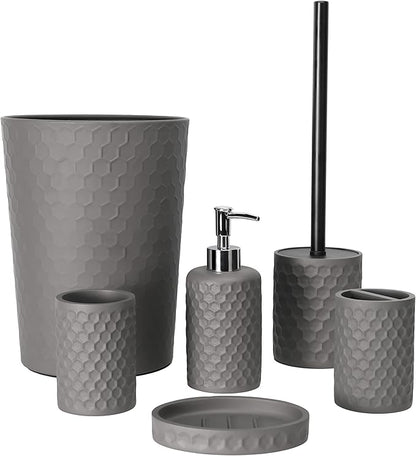 zccz Bathroom Accessory Set, 6 Piece Grey Bathroom Accessories Set with Trash Can, Toothbrush Holder, Toothbrush Cup, Soap Dispenser, Soap Dish, Toilet Brush with Holder, Trash Can, Light Gray