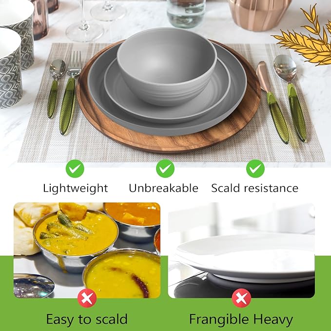 Teivio 32-Piece Kitchen Plastic Wheat Straw Dinnerware Set, Service for 8, Dinner Plates, Dessert Plate, Cereal Bowls, Cups, Unbreakable Colorful Plastic Outdoor Camping Dishes, Light Gray