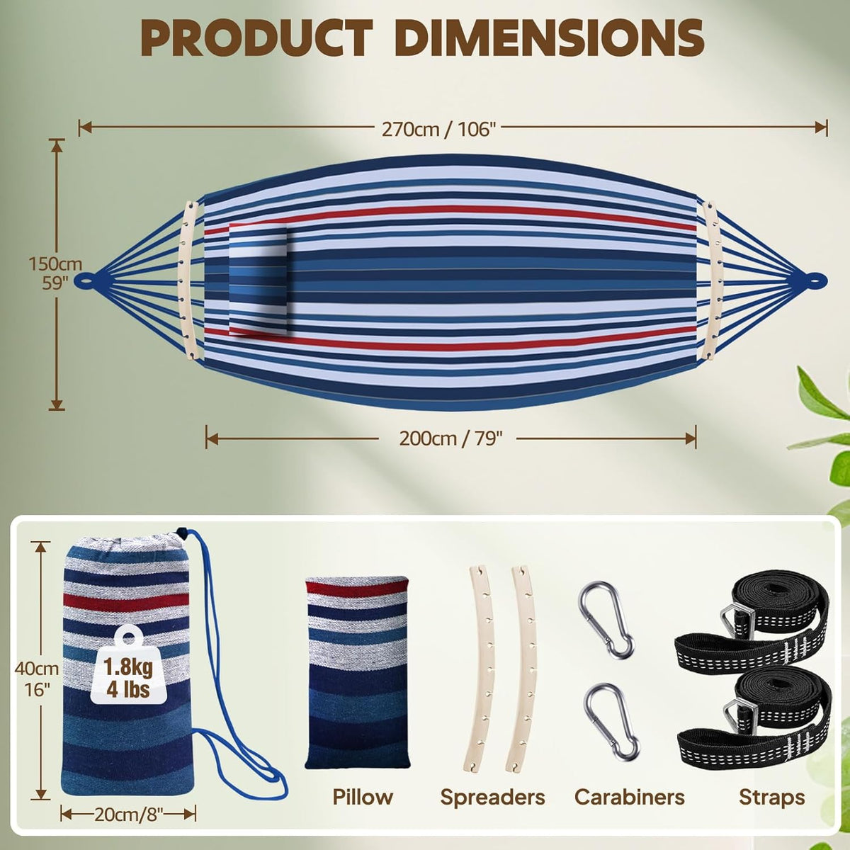 Chihee Cotton Hammock Large Soft Breathable Camping Hammock Holds Up to 660lbs Portable Tree Hammock with Detachable Spreader Bar Pillow 2 Strong Webbings 2 Carabiners Patio Garden Indoor Outdoor